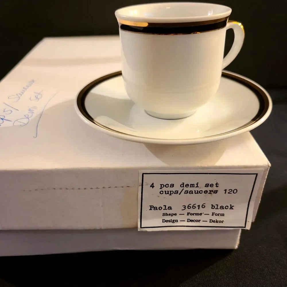 Vintage Baum Demi Set 4pc Teacups Saucers Paola Black Dining Southington Jasmine